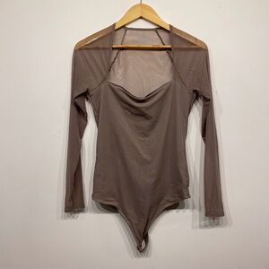 Abercrombie & Fitch Grey Long Sleeve Square Neck Mesh Bodysuit Medium